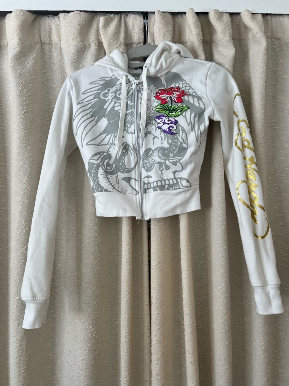 Ed Hardy White Cropped Zip Hoodie with Skull, Floral & Gold Script